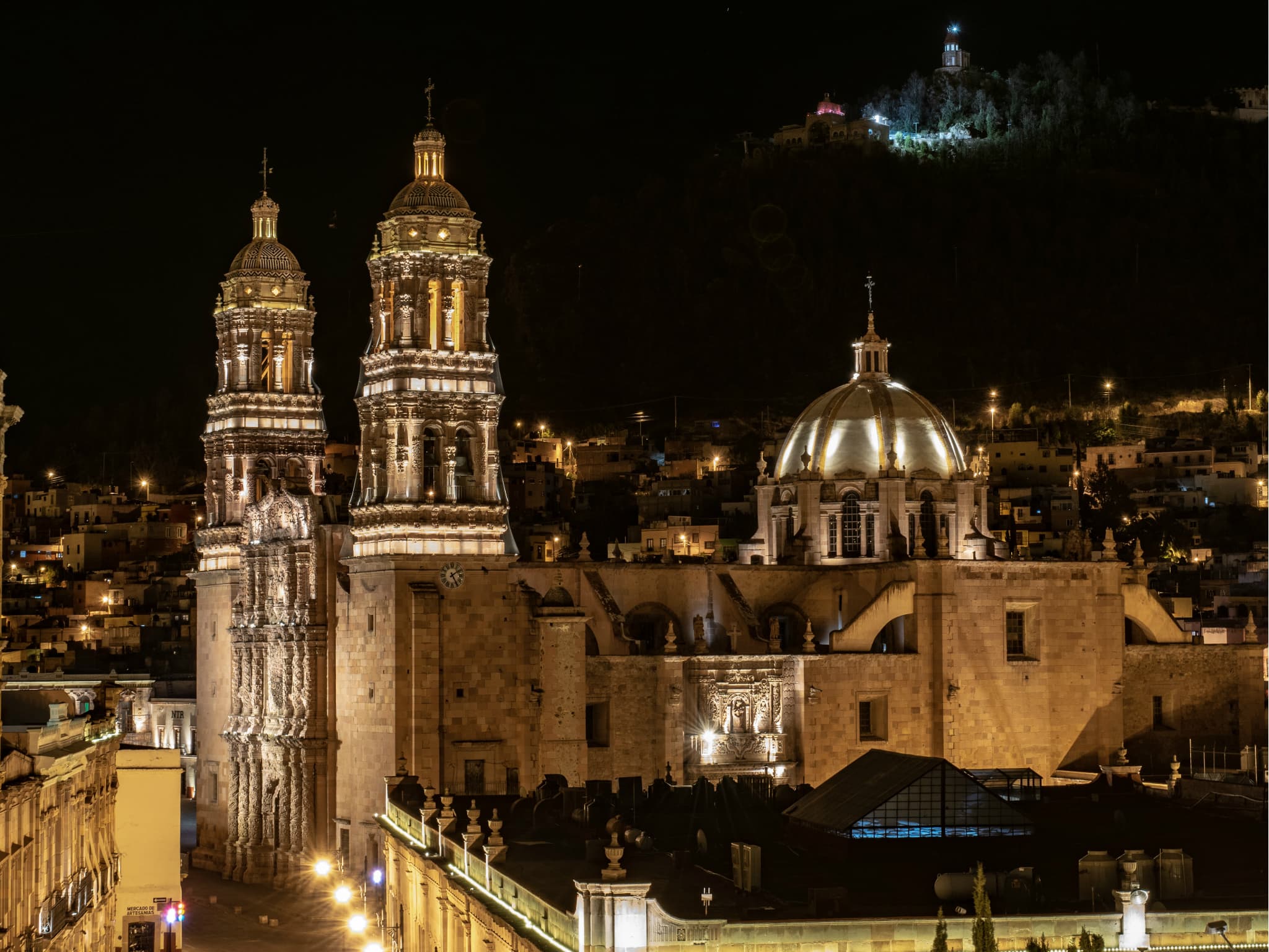 Zacatecas cathedral towers lit at night